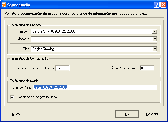 16.11.2 Aplicando Segmentação 1. Selecione no menu principal Processamento de Imagem Processamento de Imagem Segmentação. 2. Selecione a imagem Landsat5TM_00263_02082008. 3.