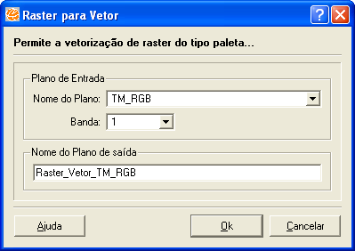 16.14.1 Aplicando Raster para Vetor 1. Selecione no menu principal Processamento de Imagem Processamento de Imagem Raster para Vetor. 2. Em Plano de Entrada, selecione o plano TM_RGB. 3.