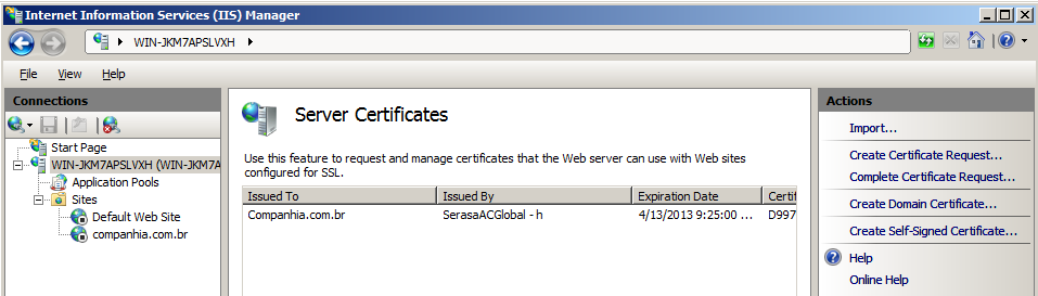 Utilizando o IIS 7 Importação de certificado digital de servidor Web 1. Abra a console do Microsoft IIS.