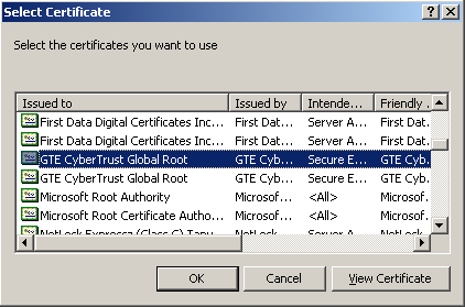 6. Escolher o certificado GTE CyberTrust Global Root presente na Location Trusted Root Certification Authorities; 7. Prosseguir o Wizard até ao final.
