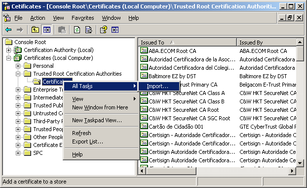 3.2. Instalação da root dos certificados De modo a ser validada a totalidade da path do certificado presente no Cartão de Cidadão, é necessário adicionar à Trusted Root Certification Authorities os