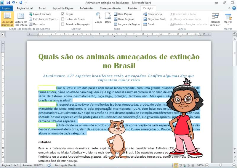 Para colocarmos espaços em um parágrafo ativamos a régua na guia Exibição e selecionar Régua. Depois é só selecionar o parágrafo e mover o Recuo da Primeira Linha.