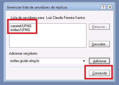 Na próxima janela no campo Adicionar servidores deve se digitar o endereço do servidor correspondente e clicar em Adicionar.