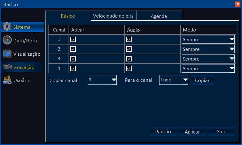 3.4 Gravação 3.4.1 Básico 1) Canal: Canais do DVR. 2) Habilitar: Clique para habilitar a configuração. 3) Áudio: Clique para habilitar a gravação de áudio.