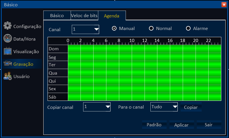 1) Canal: Canais do DVR.