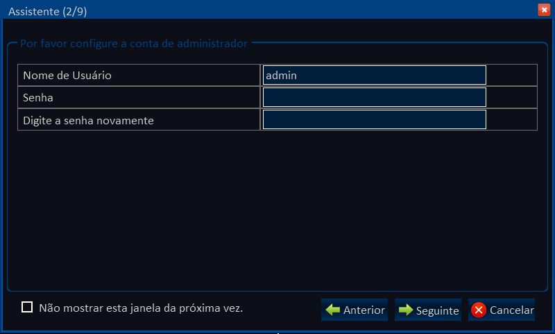 2.4 Login de administrador: Na segunda página do assistente de instalação, defina uma senha para o administrador do sistema e então clique em Seguinte para prosseguir; caso clique em cancelar você