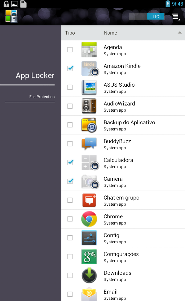 Tela do App Locker Mova a barra deslizante para a direita para a direita para habilitar o Aplicativo Locker e ativar a lista de aplicativos.