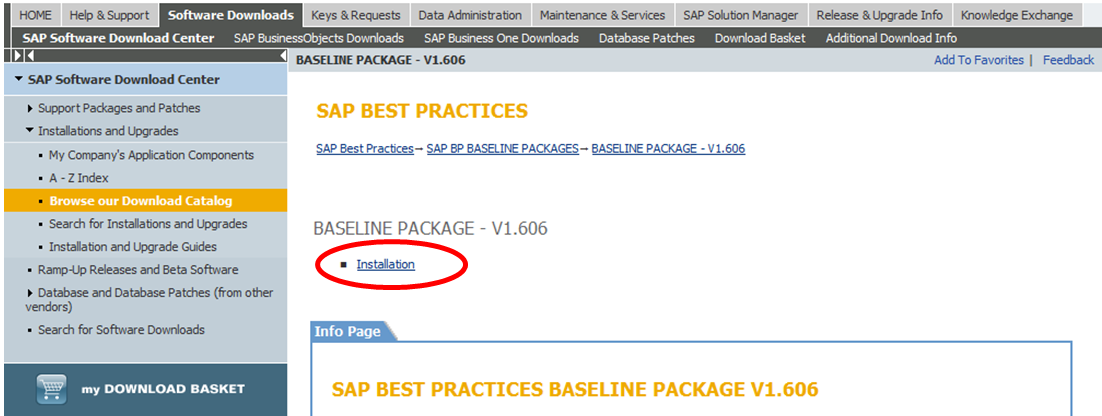 As etapas seguintes mostrarão a você como pode efetuar o download de sua versão preferida de SAP Best Practices no SAP Software Download Center do SAP Service