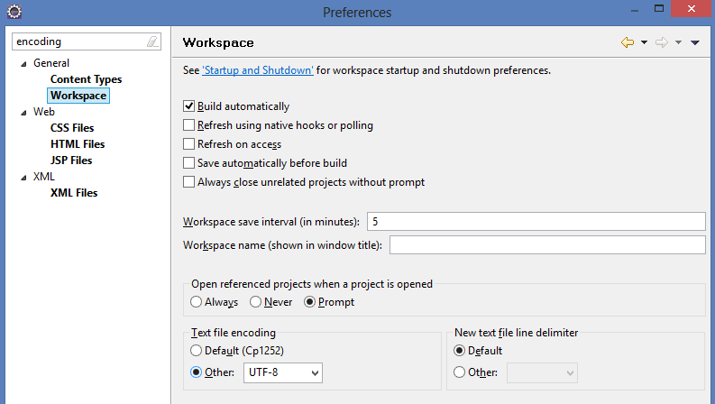 3.2 Configurando Encoding Para evitar incompatibilidades de codificação ao subir para o servidor você poderá ajustar o encoding do eclipse para o padrão UTF-8. Workspace.