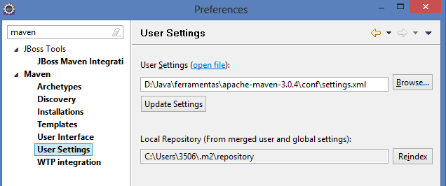 4. Ainda com o filtro de pesquisa ativado vá em User Settings -> Browse.... Você irá selecionar o arquivo settings.xml contido no diretório maven que você colocou em ferramentas.