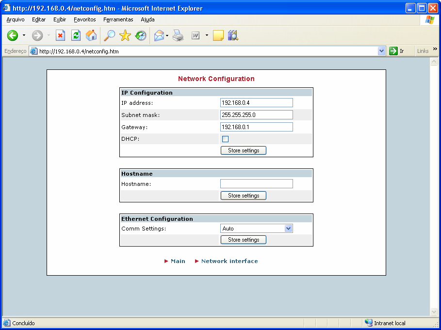 Clique em Network Interface. Uma janela com informações sobre o módulo de comunicação será exibida. Figura 2.2 - Informações da interface A seguir clique em Network Configuration.