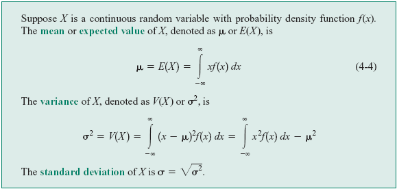 4-4 Média e Variância de uma Variável Aleatória Contínua Definição Suponha X uma v.a. contínua, com uma função de densidade de probabilidade f(x).