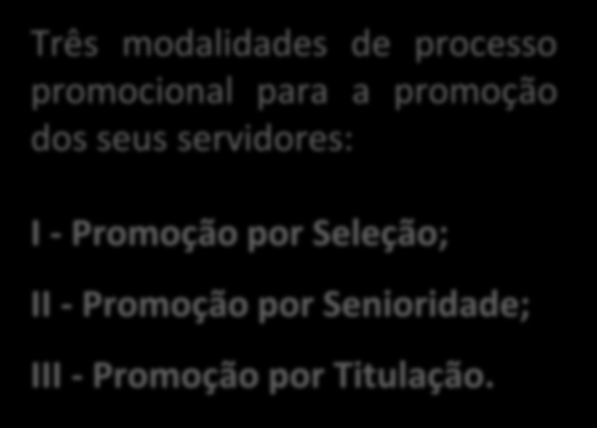 Mobilidade e Ascensão PROGRESSÃO: Temporal + Mérito PROMOÇÃO: Mérito (COMPLEXIDADE) Interstício mínimo: 0 anos. *Exceto Estágio Probatório de 3 anos O critério para a progressão é o tempo de serviço.