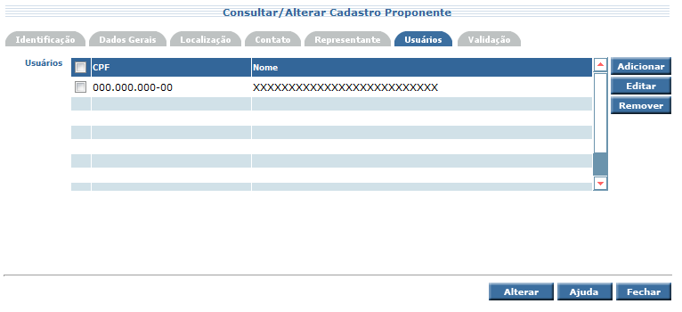 SIGEF/SC Sistema Integrado de Planejamento e Gestão Fiscal de Santa Catarina Figura 73 Tela de Consultar/Alterar Cadastro Proponente Consórcio Público Aba Representante CPF RG Nome Cargo/Função Data