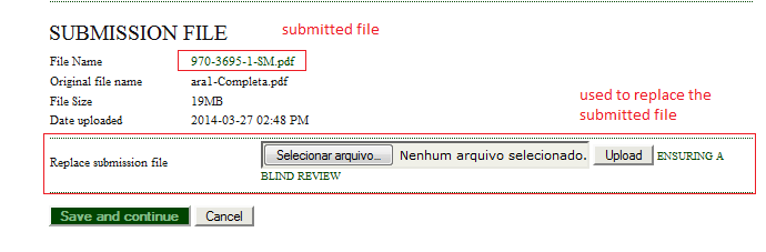 Figura 08: Article upload 5. After sending the file, the user can replace it if you have sent the wrong file, "replace submission file"; Figura 09: Replacement of the article. 6.