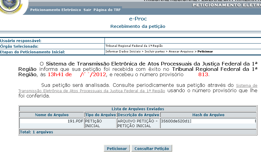 Observação 1: O último passo do envio é feito clicando no botão [Finalizar Petição].