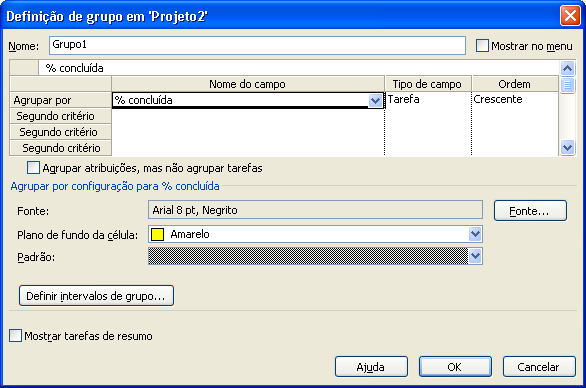 Grupo Personalizado Inserir um nome para o grupo na caixa de diálogo Definição de grupo; Selecionar Mostrar no menu para exibir o nome do grupo no submenu