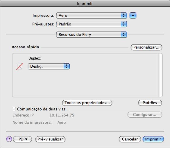 MAC OS 85 PARA CONFIGURAR AS OPÇÕES DE IMPRESSÃO E IMPRIMIR NO MAC OS X 1 No aplicativo, selecione Arquivo > Imprimir e selecione o Fiery server como sua impressora.