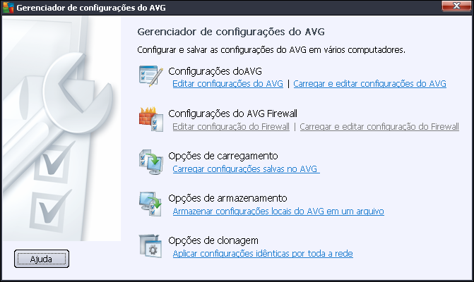 6. Gerenciador de configurações do AVG O Gerenciador de Configurações do AVG é uma ferramenta adequada principalmente para redes pequenas que permite copiar, editar e distribuir as configurações do