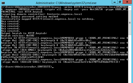 ktpass -princ HTTP/<fqdn do firewall>@<dominio> -mapuser <DOMINIO\usuario> -crypto all -mapop set -pass <Senha do usuario de bind> -ptype KRB5_NT_PRINCIPAL -out HTTP.