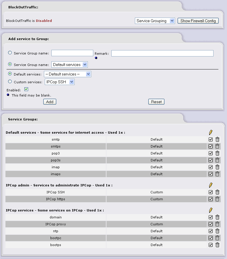 exibida: Para agrupar serviços, selecione opção Service Grouping, a página a seguir será Na figura anterior foram definidos os seguintes grupos: Default services: contêm serviços que os hosts da sua