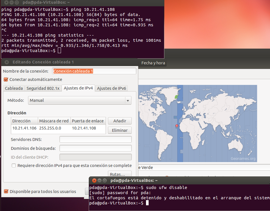 Configuração do Cliente Ubuntu com o nome PDA (IP, ping,