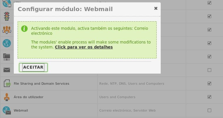 Correio eletrónico Instalamos os pacotes webmail, mail filter e mail.