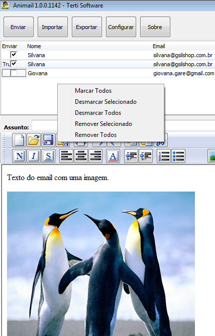 1. Enviar O botão enviar vai ler as configurações do perfil e iniciar o processo, enviando para todos os emails que estão na Lista de Envio, marcados para serem enviados.