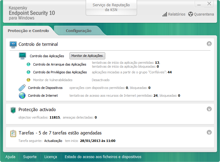 I N T E R F A C E D A A P L I C A Ç Ã O Armazenamento das cópias de segurança dos ficheiros infectados eliminados pela aplicação Relatórios de eventos ocorridos durante o funcionamento geral da