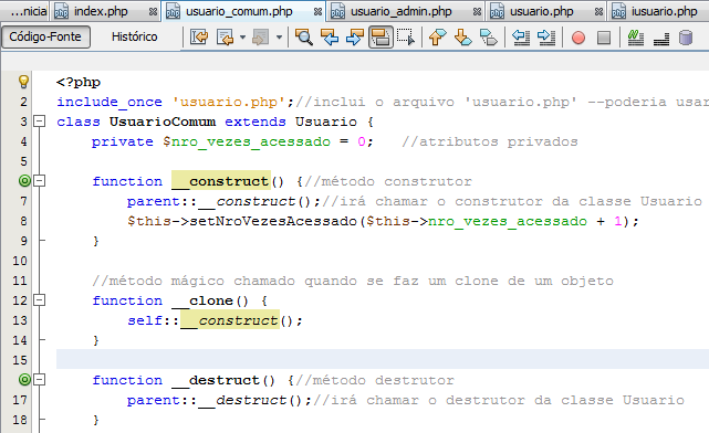 Na classe UsuarioComum foi implementado o método mágico clone de maneira que ele invoca o método construtor.