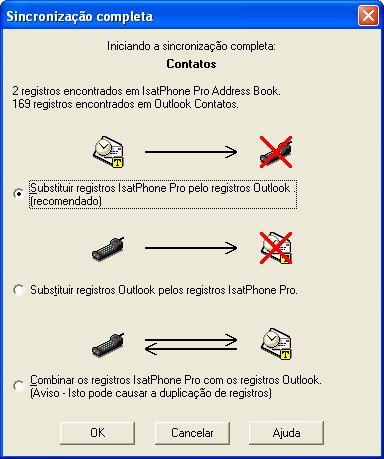 3 Na primeira vez em que o telefone for sincronizado com um computador, você será solicitado a selecionar uma dentre as três opções a seguir: Substituir registros IsatPhone Pro pelos registros