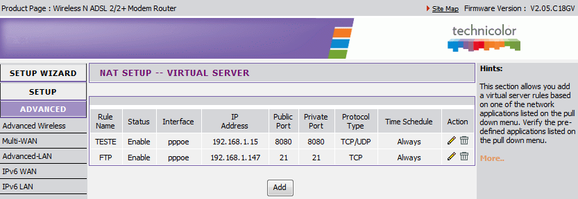 3.3. Observe a imagem acima, iremos habilitar Virtual Server e em Rule Name veja ao lado que temos uma Combo Box com nome de Application name clique na Combo Box e procure uma porta pré definida que