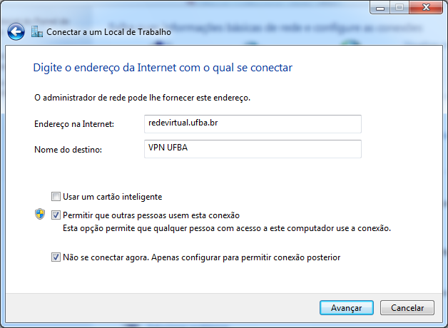 4º Passo: No campo Endereço na Internet digite redevirtual.ufba.