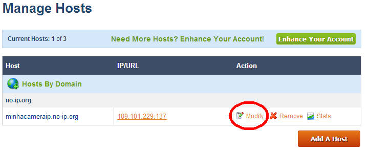 1. Hostname: Digite aqui o nome que você deseja para o seu host no No-IP. Por exemplo: minhacameraip.no-ip.org.