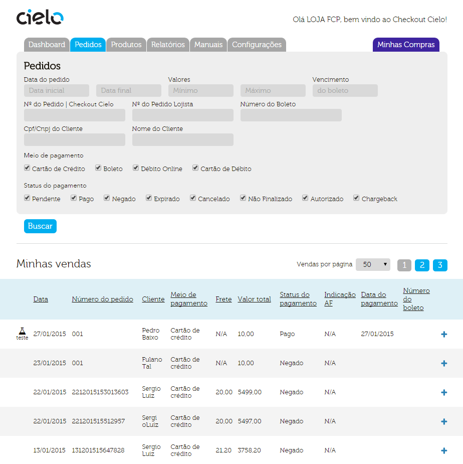 Pedidos Nessa pagina fica contida toda a listagem de transações realizadas por um determinado periodo de tempo no Checkout