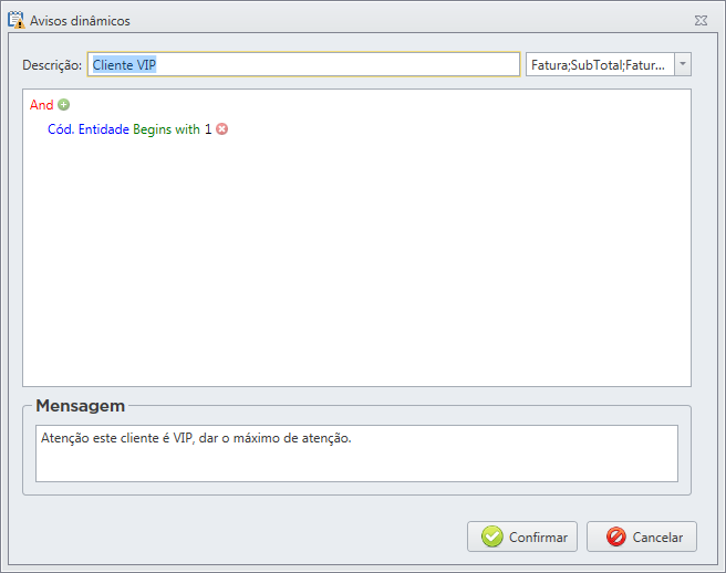 Configuração do aviso dinâmico, permite definir