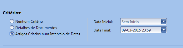 - Detalhes de Documentos: Possibilidade de definir o tipo, o documento, a série e o intervalo de numeros de documentos que pretende, para filtrar os artigos para impressão.