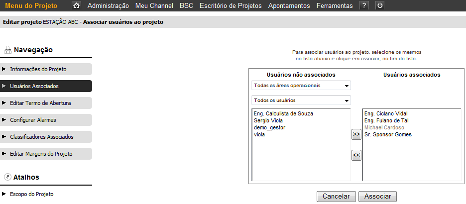 Figura 83 - Grade de alocação no projeto por usuário Na região superior da tela, pressionando, são exibidos os filtros onde é possível selecionar para quais responsáveis será gerado o gráfico de