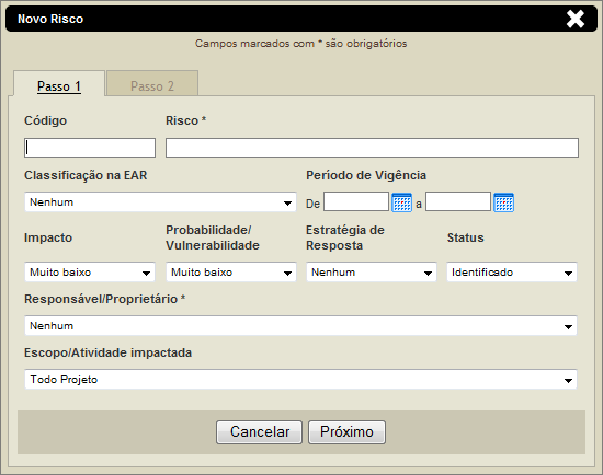 Excluir: Pressione para excluir o risco cadastrado. Importar do Excel: Pressione para importar o risco de uma planilha em Excel.