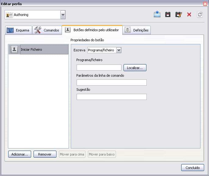 Ficheiro, seleccione Definições. A Caixa de diálogo 'Editar perfis' abre-se. Seleccione o Separador 'Botões definidos pelo utilizador' e clique em Adicionar.