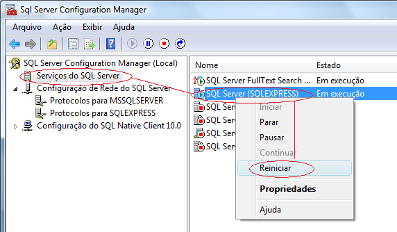 Realizados os procedimentos dos passos 1, 2 e 3, agora é necessário reiniciar o serviço do SQL Server.