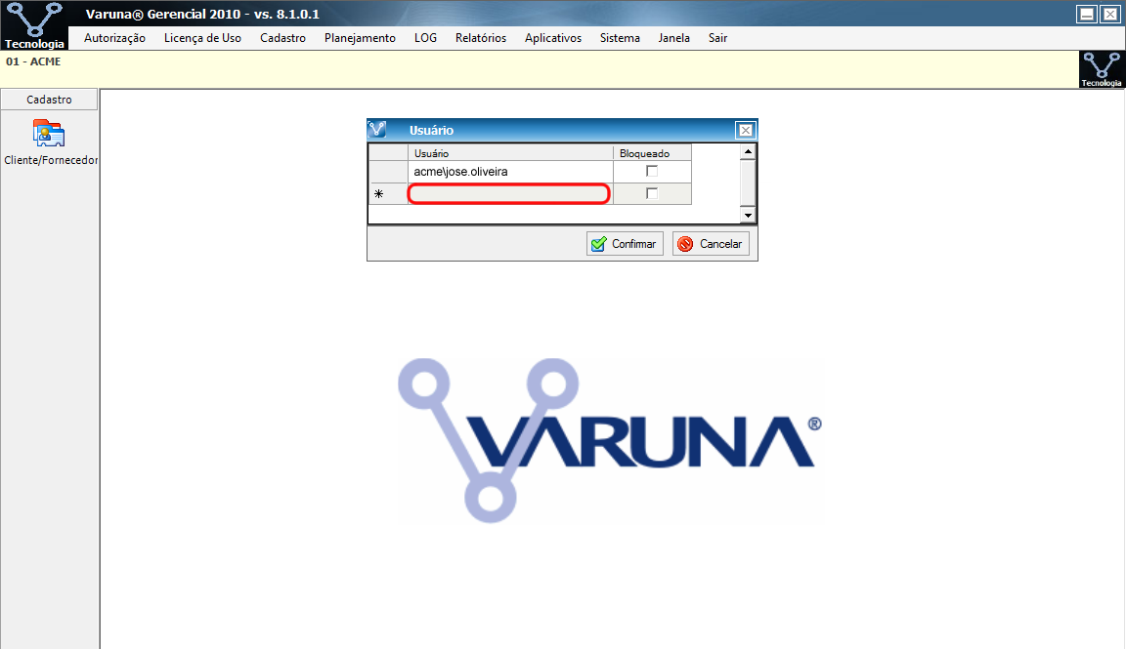 Figura 21 - Cadastro de Usuário no sistema Varuna 10.2. Cadastro de Grupo de Usuários Para cadastrar grupo de usuários no sistema Varuna o usuário deve acessar o menu Cadastro Grupo de Usuários do módulo Gerencial.