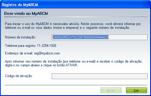 banco de dados local (SQLite). 1. Na área de trabalho, de um duplo-clique na aplicação MyABCM para iniciar a aplicação. 2. Neste momento, a seguinte janela de registro aparecerá.