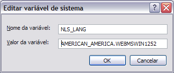 3. Clique no botão Nova, localizado dentro do grupo Variáveis do sistema. 4. Em Nome da variável, digite: NLS_LANG 5. Em Valor da variável, digite: AMERICAN_AMERICA.