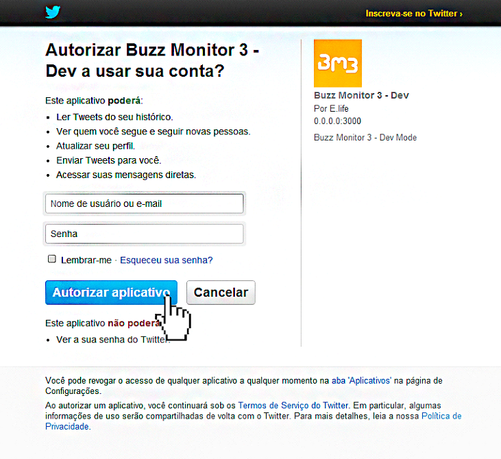 2. Automaticamente, aparecerá a página do Twitter para realizer o login;