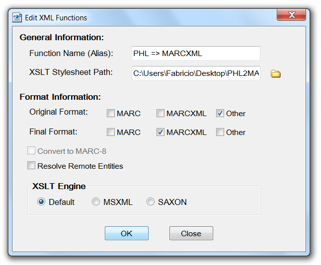 129 j) Preencha o campo Function Name (Alias) com PHL => MARCXML. k) Clique no ícone ao final do campo XSLT Stylesheet Path. l) Escolha o local em que a folha de estilo PHL2MARC21.xsl foi salva.