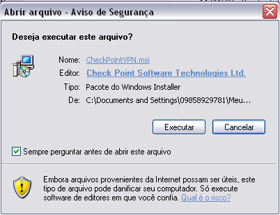 MANUAL DE INSTALAÇÃO DO CLIENTE CHECK POINT ENDPOINT SECUREMOTE Este documento tem por objetivo orientar a instalação do software Endpoint Security VPN/Check Point Mobile em computadores que