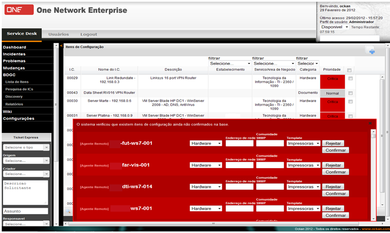 BDGC, Itens de Configurações O Sistema