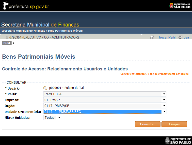 Basta digitar o RF ou o nome (apenas um dos dois) e clicar em consultar. Desta forma, aparecerá o nome do usuário a que se deseja atribuir o perfil.