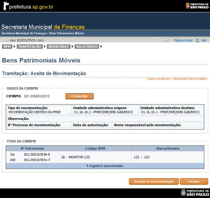 5.2.2. Aceite da Movimentação Tem a função de registrar no sistema que a UA de destino recebeu o